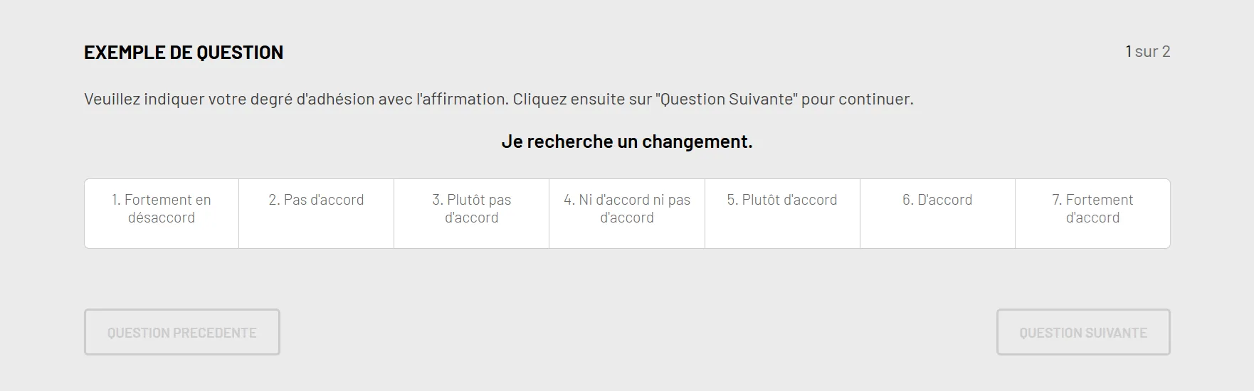 Écran de passation du test PAPI : l’affirmation « Je recherche un changement », suivie d’une échelle de réponse en sept points allant de « Fortement en désaccord » à « Fortement d’accord ».