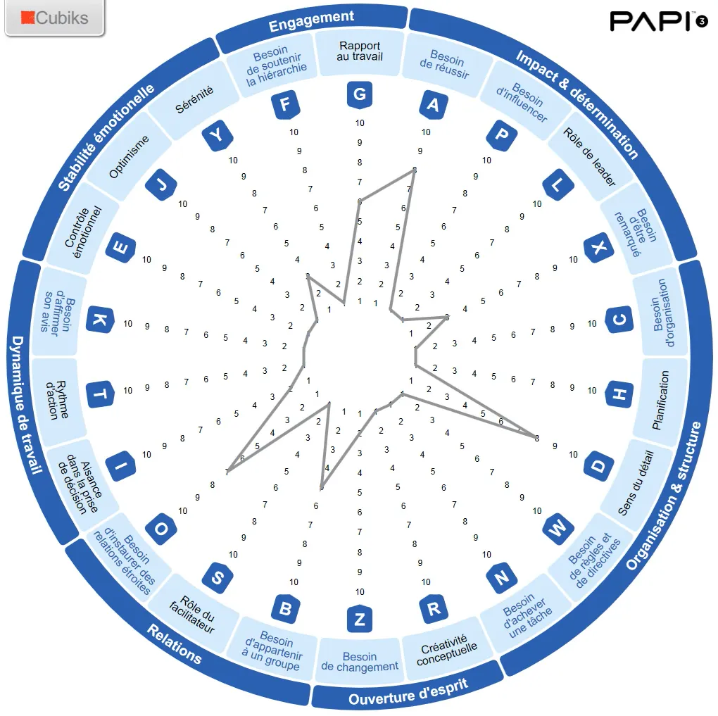 Roue de résultats du PAPI 3 : vingt échelles graduées de 0 à 10, regroupées en sept domaines (Engagement, Impact et détermination, Organisation et structure, Ouverture d’esprit, Relations, Dynamique de travail, Stabilité émotionnelle), reliées par le tracé du profil.